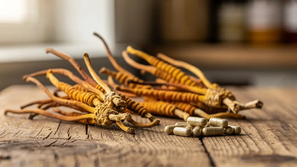 Funghi cordyceps essiccati con capsule integratore su superficie legno