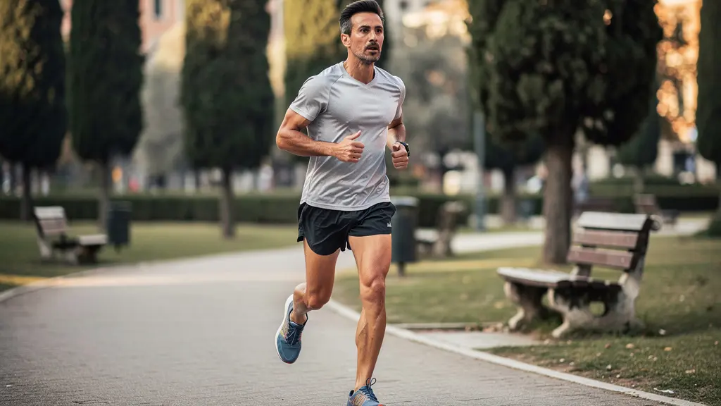 Atleta italiano durante corsa mattutina in parco urbano con cipressi
