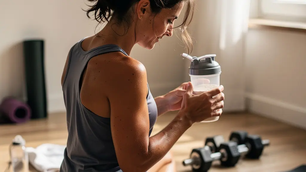 Sportivo che prepara integratore in shaker nella palestra di casa