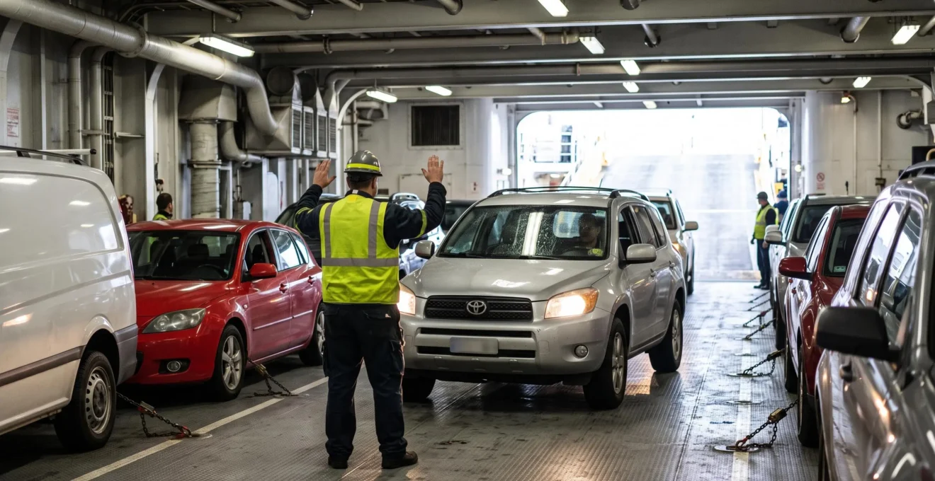 Un membro dell'equipaggio con giubbotto catarifrangente guida un'auto nel garage di un traghetto tra veicoli caricati fittamente