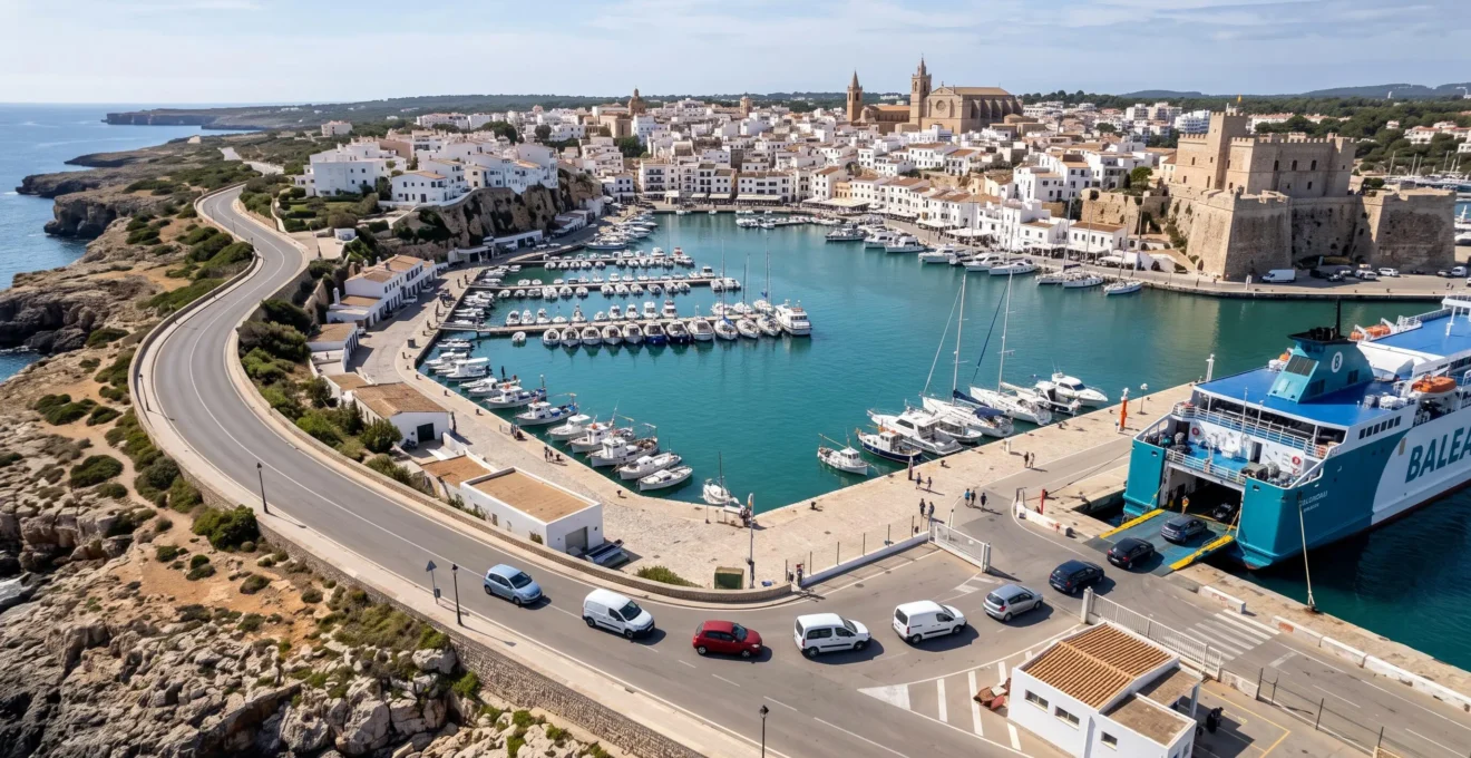 Vista elevata del porto di Ciutadella a Minorca con il terminal traghetti e alcune auto in uscita verso la strada costiera
