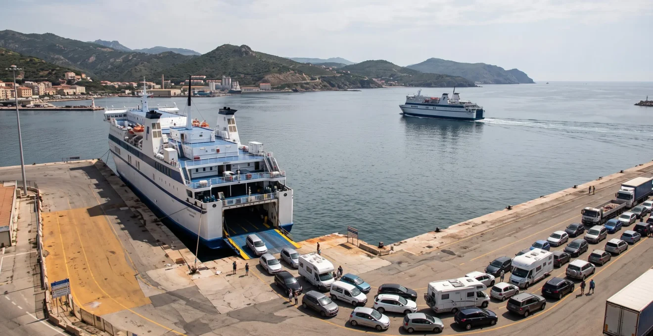 Vista elevata di un porto con un traghetto all'imbarco di auto e camper e un secondo traghetto in partenza verso il mare aperto