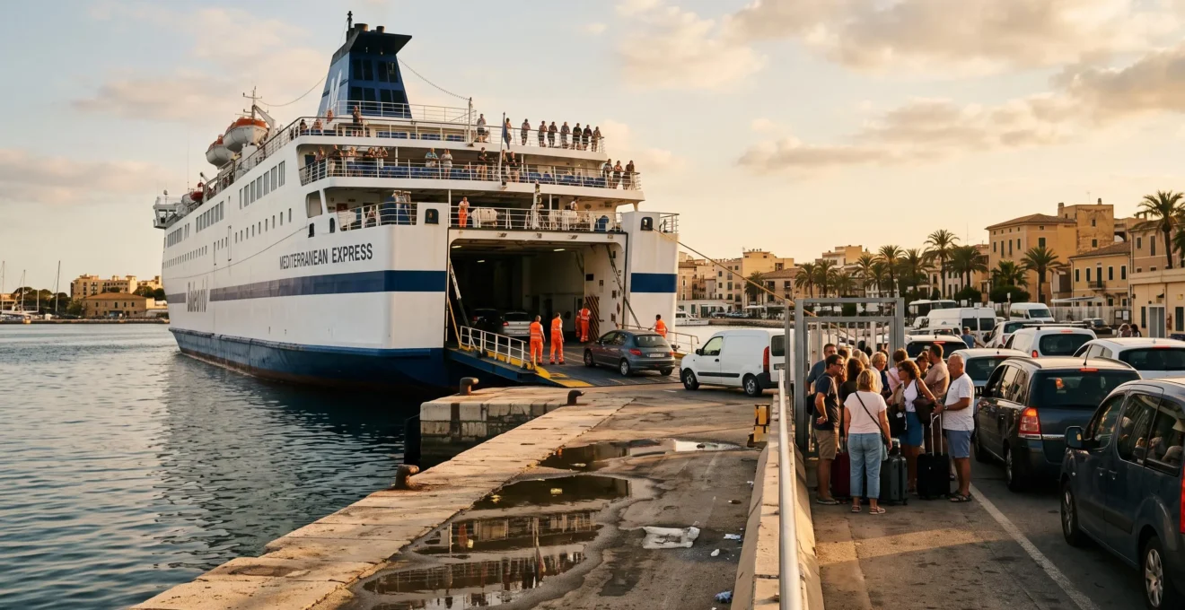 Un traghetto passeggeri e auto in arrivo in un porto delle Baleari con rampe abbassate e veicoli in attesa sulla banchina