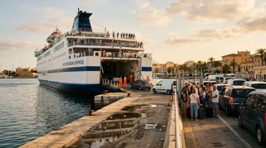 Un traghetto passeggeri e auto in arrivo in un porto delle Baleari con rampe abbassate e veicoli in attesa sulla banchina